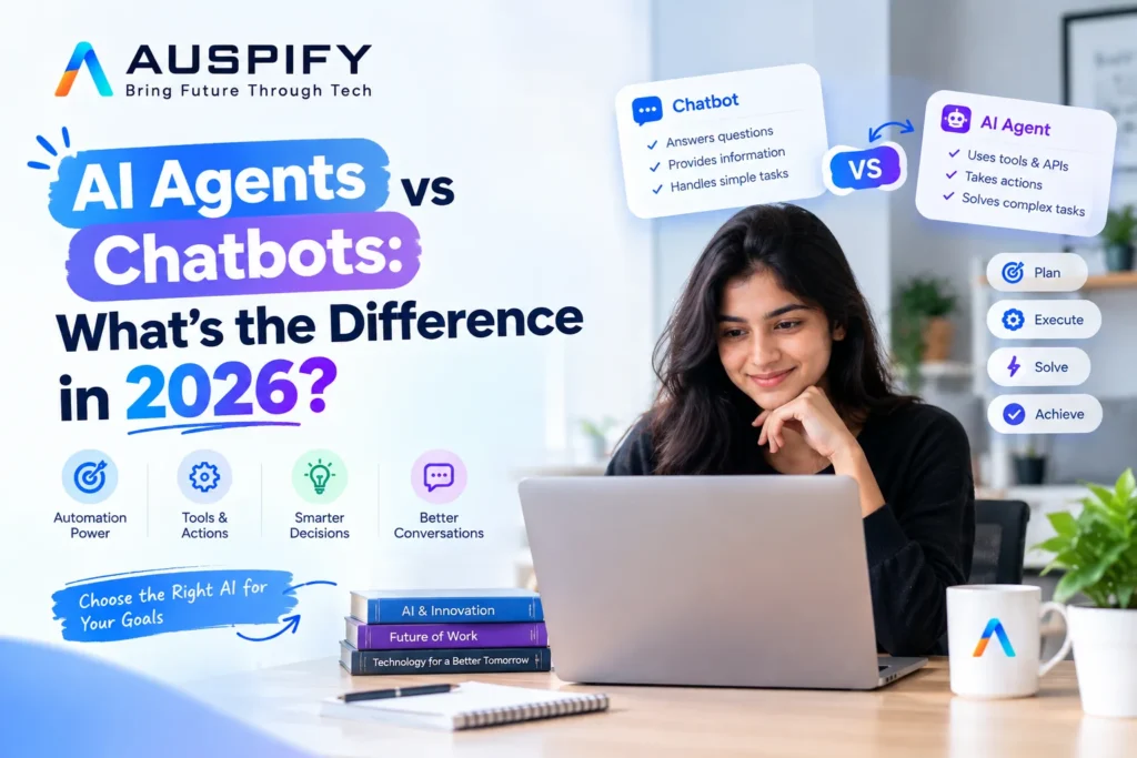 AI Agents vs Chatbots comparison showing a student using AI technology, with key differences, automation, tools, and chatbot features.
